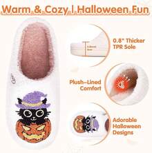 Pantuflas de calabaza de peluche acogedor de Halloween, diseño esponjoso antideslizante - Gato Brujo Calabaza - View 11