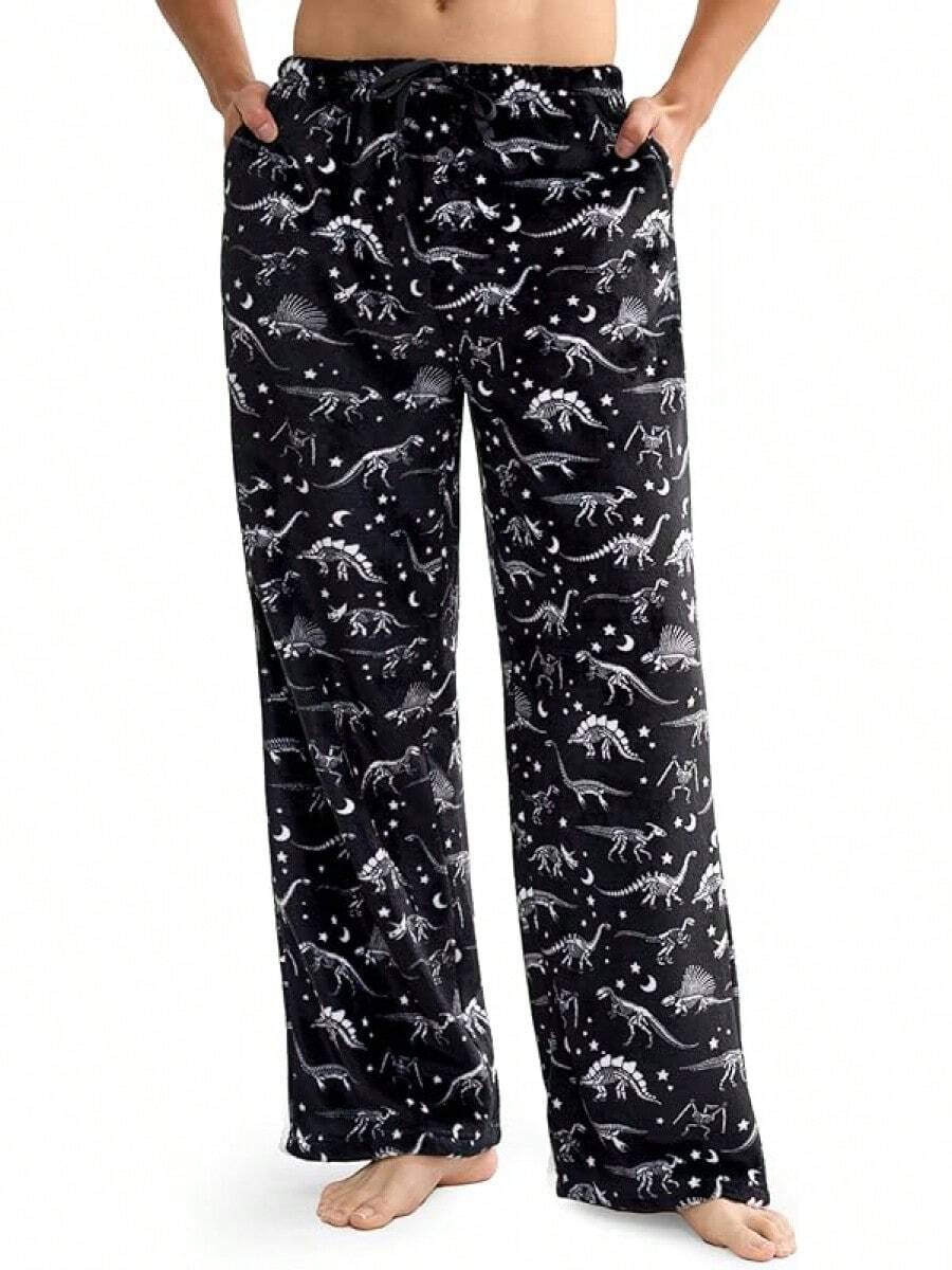 Mens Pajama Pants Soft Flannel Fleece Pajama Bottoms Sleep & Lounge Pants With Pockets And Drawstringhalloween - 恐龍 - 查看 1