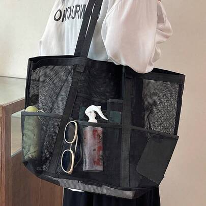 A Quilted Open Closure Mesh Solid Color Beach Bag, A Large Capacity Beach Travel And Vacation Storage Bag, A Portable Foldable Swimming And Fitness Storage Bag, A Bath Bag, A Travel Mesh Hollow Bag, A Bathroom Bag, A Toy Storage Bag