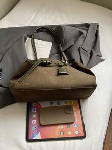 复古绒面革大容量休闲单肩托特包，拼布拼色手提包，优雅百搭通勤托特包，适合女士 - 墨綠色 - 查看 9