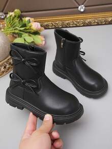 1 par de botas lindas y de moda para niñas, para otoño/invierno, con decoración de moño, cálidas, para la escuela/exterior, botas casuales para bebé/niño pequeño, botas para todas las estaciones