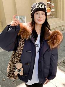 Stylish Women's Autumn/Winter Thick Warm Loose Hooded Cotton Jacket, Short Length, Korean Version, Fur Collar, Multi-Purpose Jacket - 藏蓝色 - 查看 1