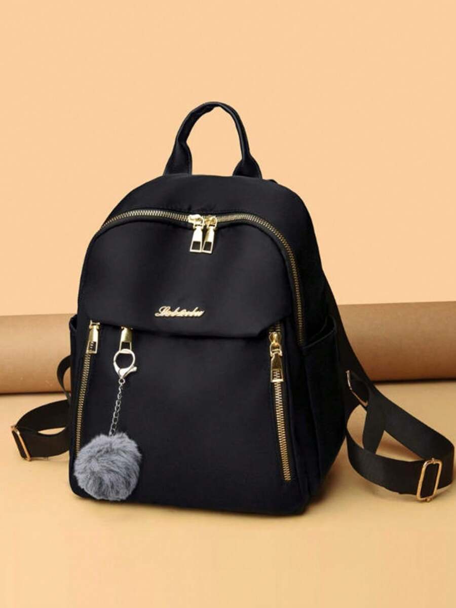 1Pc Women Fashion Backpack Large Capacity Casual Travel Backpack Ladies Bag New Student Schoolbag Backpack Unisex Bags Solid Color Pocket Zipper Backpack, Travel Daily Bag, Women's Casual School Backpack Small Backpack, Outdoor Casual Backpack With Plush Ball Pendant
