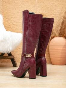 女士新款时尚鳄鱼纹酒红色高筒靴，粗跟尖头侧拉链连衣裙靴，适合秋冬季节，也适合万圣节、圣诞节、感恩节、新年等场合，及膝长靴 - 酒紅色 - 查看 7
