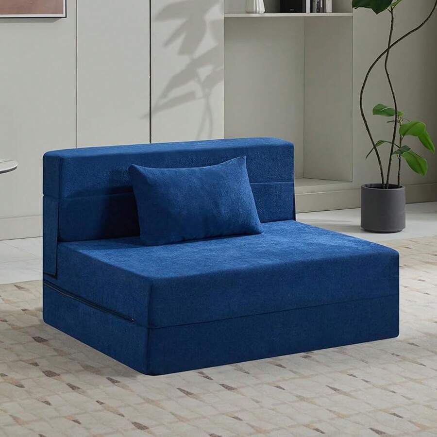 Convertible Folding Sofa Bed Sofa Living Room Sofa Small Corduroy Sofa Bed Leisure Chair Foldable Memory Foam Floor Bed Suitable For Bedroom RV Dormitory Office With Pillow Corduroy Gray Single - 海軍藍 - 查看 1