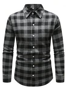 Men's Long Sleeve Brushed Plaid Shirt, Business Casual, Black & White, Autumn/Winter - Grey - View 2