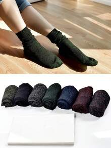 3 Pairs/6 Pairs Random Women Socks, Autumn/Winter Shiny Silver Thread Fashion Luxurious Crew Socks - Multicolor - View 12