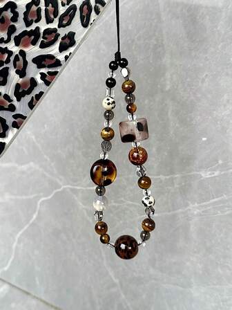 Retro Brown Leopard Print Cat Beaded Phone Lanyard, Elegant Short Wrist Strap Beaded Chain Camera Charm Pendant For Women