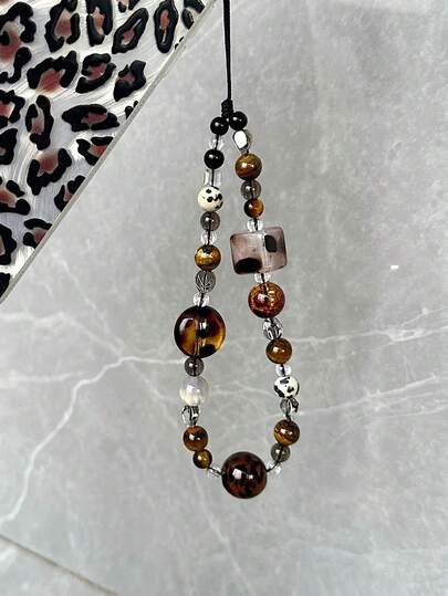 Retro Brown Leopard Print Cat Beaded Phone Lanyard, Elegant Short Wrist Strap Beaded Chain Camera Charm Pendant For Women