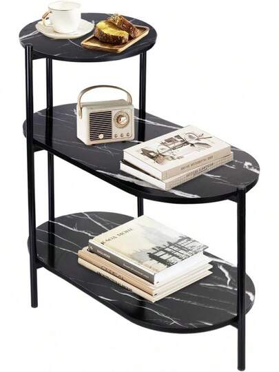 Mesa De Auxiliar Lateral 3 Niveles, Mesita DeáRmol PatróN Para Sala De Estar, Dormitorio,Sofá, Mesa Auxiliar Lateral Con Estructura De Metal, Mesa De Café Moderna, Color Negro (Negro)