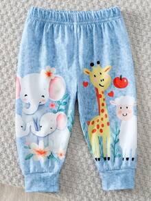 3件套女婴翻领仿口袋上衣、卡通动物印花裤子+头带 - 藍白色 - 查看 7