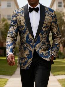 Mens Tuxedo Jacket Paisley Shawl Lapel Suit Blazer Coat Jacket For Dinner,Prom,Wedding - 藍色 - 查看 1