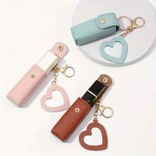 Solid Color Long Lipstick Makeup Bag + Heart-Shaped Small Mirror Pendant] Lipstick Storage Tool, Mini Lip Balm Organizer For On-The-Go Touch-Ups, Travel-Friendly Gift For, Faux Leather Coin Purse, Keychain Storage Bag - 紅色 - 查看 2