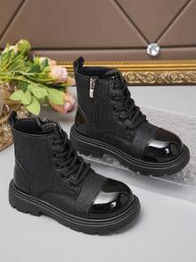 1 par de botas unisex para niños con diseño de piel brillante y parches, botas cálidas para exteriores, botas casuales para niños pequeños, botas para todas las estaciones
