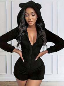 Women's Autumn And Winter Plush Velvet Jumpsuit Warm Zipper One-Piece Pajamas With Hood And Bear Ears Warm Jumpsuit Home Comfortable And Cute - 黑色 - 查看 4