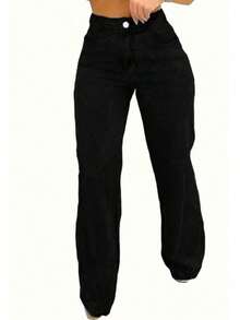 大码女式直筒宽松休闲牛仔裤，带口袋 - 黑色 - 查看 5