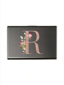 Estuche de tarjetas delgado con 6 ranuras para tarjetas, con patrón de iniciales de la A a la Z en color oro rosa, billetera portadora de identificación y tarjetas de crédito, minimalista y delgado de metal de aluminio, cartera RFID para mujeres y organizador de tarjetas de metal para hombres