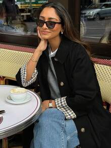 1pc 2025 Autumn/Winter New European & American Style Women's Long Wind Trench Coat, Raglan Sleeve, Lapel Collar, Contrast Plaid Pattern, Single-Breasted, Multi-Functional Casual Trench Coat, Casual Long Over-The-Knee Windbreaker Outerwear, Daily Home Outdoor Party Holiday Commute Office - Black - View 4