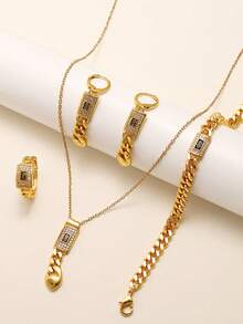 5 件套时尚欧式美式链条心形流苏首饰套装，方晶锆石吊坠项链、耳环、戒指、手链，适合女性日常聚会、生日礼物 - 金黃色 - 查看 2