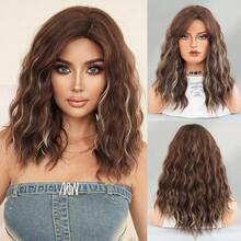 7JHH WIGS 18 英寸中长棕色金色挑染卷发假发，女士齐肩波浪假发，侧分刘海，天然合成耐热纤维假发，适合女孩日常派对使用 - 挑染金色 - 查看 12