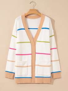 Acelitt Cardigan ample décontracté sans bouton, patchwork de rayures multicolores pour l'automne et l'hiver - Blanc - Voir 4