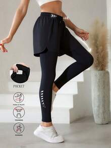 1 pièce Leggings de sport pour femmes, pantalon 2 en 1 pour le fitness toutes saisons, anti-flashage, doublure élastique avec poches, collants imprimés pour la course