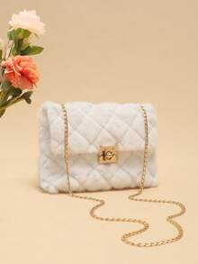 毛绒材质斜跨包，女士新款时尚百搭链条单肩包，毛绒绒锁扣小方包 - 白色 - 查看 4