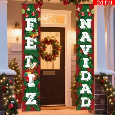 1 套西班牙语“Feliz Navidad”双语英语-西班牙语节日横幅，/金铃铛和花环图案 - 门墙装饰，适合圣诞节，新年前夜派对（易于悬挂），2D 平面，圣诞装饰，圣诞门装饰，圣诞派对装饰，户外圣诞横幅，圣诞装饰，圣诞墙背景，节日圣诞门横幅