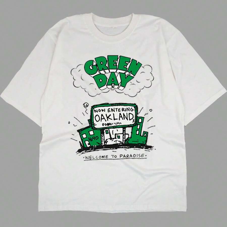 Streetwear T-Shirt Rock Band Dias Verde Green Days Emo Gothic Fans Street Fashion Urban Culture Unisex Male Female 100% Cotton Top Premium Streetwear Launch Immediate Shipping Various Colors!! Plus Size - 白色建築 - 查看 1