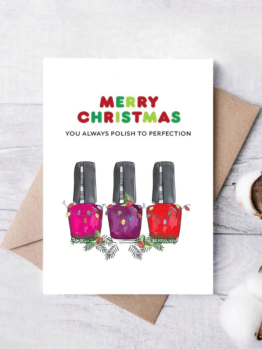 Tarjeta de Navidad divertida con esmalte de uñas y sobre - "Feliz Navidad" Saludo humorístico para mujeres, diseño de papel hecho a mano con botellas de esmalte de uñas festivas, perfecto para esposa, mamá, hija, tía, hermana, ocasiones especiales, ideal para Navidad