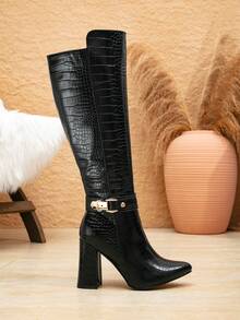 Botas hasta la rodilla de mujer de nueva moda con estampado de cocodrilo en negro, tacón grueso, puntera puntiaguda y cremallera lateral, adecuadas para otoño/invierno, Halloween, Navidad, Acción de Gracias y Año Nuevo