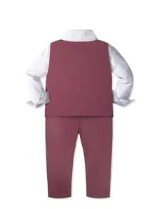 四件套男童绅士西装套装 - 白色衬衫、马甲、领结、裤子，休闲时尚，适合生日派对、新年、婚礼、假期、返校等场合。 - 紅色 - 查看 3