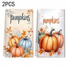 2pcs/100pcs Thanksgiving Autumn Maple Leaf And Pumpkin Print Pattern Kitchen Towel Set, Suitable For Restaurant, Kitchen, Bathroom Interior Decoration, Party Decoration, Holiday Gift, Can Be Given As A Thanksgiving Gift - Multicolor - View 1