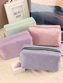 1pc Striped Makeup Storage Bag, Fashionable Striped Storage Bag, Large-Capacity Stationery Storage Pencil Case, Zipper Storage Makeup Bag, Convenient Toiletries Storage Bag, Dressing Table Makeup Brush Storage Bag