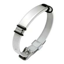 1pc Minimalist Stainless Steel Curved Plate Mesh Silver Color Bracelet, Length 17-22cm For Men