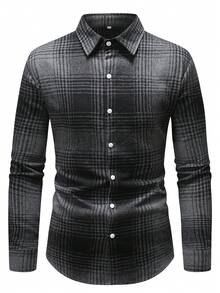 男士厚格子法兰绒长袖衬衫，商务休闲，灰色 - 灰色 - 查看 2