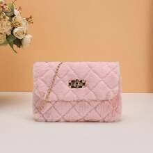 Faux Fur Cross-Body Bag, Women's New Fashion Versatile Chain Shoulder Bag, Furry Lock Small Square Purse , Pink - Pink - View 8