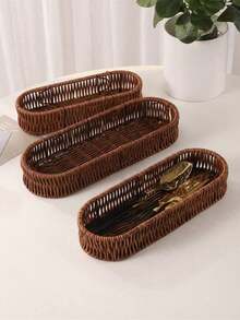 1pc/2pcs Rattan Cutlery Utensil Storage Basket/Box,Draining Basket - Brown - View 1