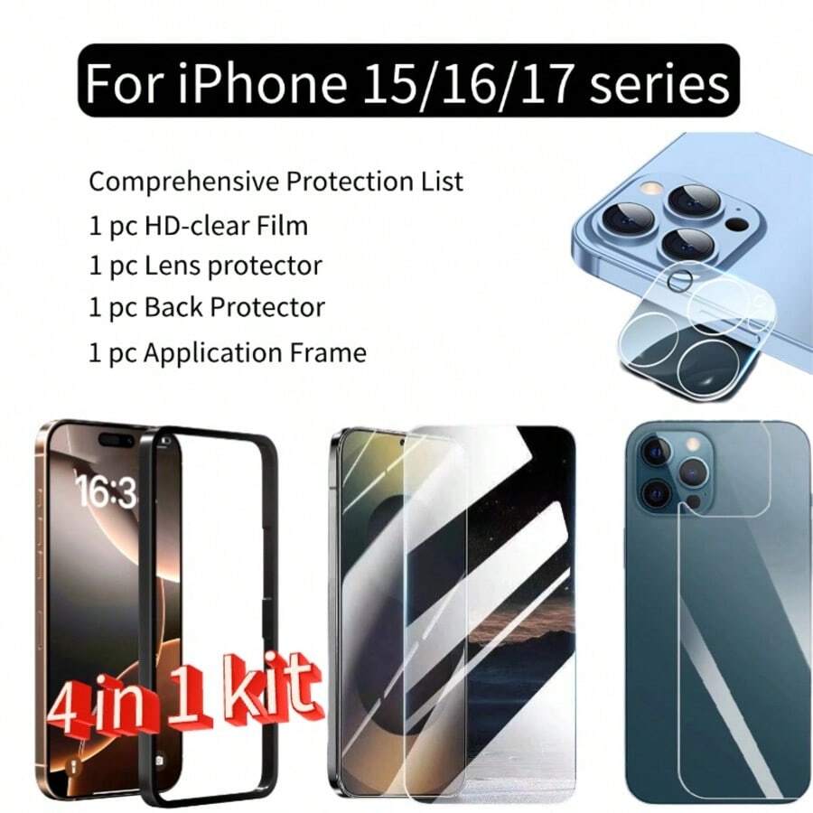 [4 In 1 Set]Easy Install Set For IPhone 15/16/17 Series: Comprehensive Protection Against Drops, Scratches, And Dust[1 Pc Tempered Glass Screen Protector+1 Pc Application Frame+ 1 Pc Lens Film+1 Pc Back Film]