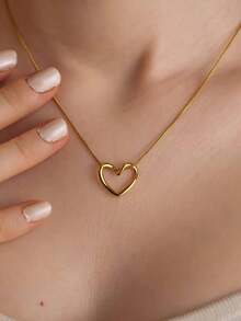 1 件时尚镂空简约心形项链，不锈钢电镀不褪色锁骨链，适合女士 - 金色 - 查看 1