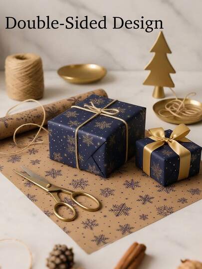 1卷加长双面冬季雪花礼品包装纸，适用于圣诞节、新年、生日派对装饰，优雅的藏蓝色和白色雪花图案，高档礼品包装纸，适合包装大型礼品，喜庆的藏蓝色雪花图案，礼品配件