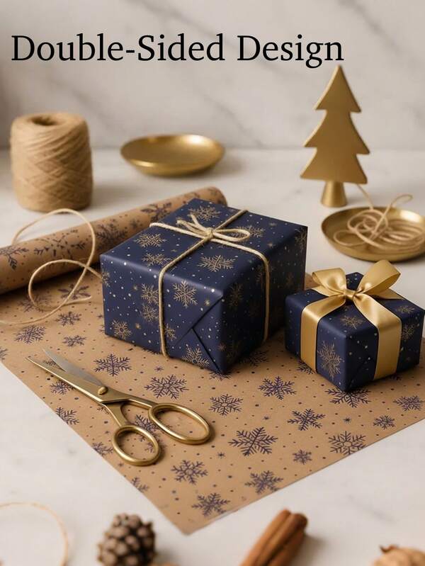 1 Roll Extra Long Double-Sided Winter Snowflakes Gift Wrap For Christmas, New Year's, Birthday Party Decorations, Elegant Dark Blue & White Snowflake Design, Luxury Gift Wrap For Large Presents, Festive Dark Blue Snowflake Pattern, Gift Accessories