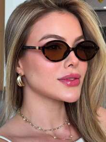 1 Piece Small Elliptical Frame Glasses Personality Street Concave Shape, Transparent Glasses Accessories, Women's Glasses Accessories, Colorful Boho Holiday - Lente Marrom - 查看 1