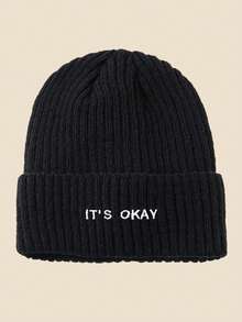 1pc Unisex "IT's OKAY" Embroidered Solid Color Knit Beanie, Men's Winter Thermal Lined Warm Cuffed Hat, Soft & Comfortable, Minimalist & Fashionable, Suitable For Cold Weather Winter Clothing - A - View 2