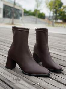 Botas elásticas francesas versátiles para mujer, nuevas botas de tacón grueso con cremallera trasera para otoño/invierno, botas de tobillo de moda con tacones altos - Marrón Chocolate - Ver 2