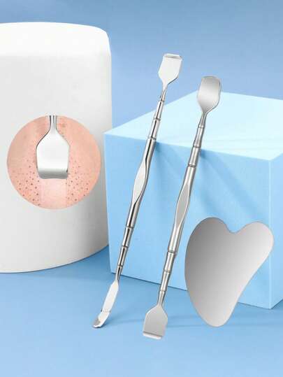 3pcs/Set Stainless Steel Blackhead Removal Tools, Facial Pore Cleansing Massage Beauty Scraper, Heart-Shaped Blackhead Remover, Dual-Ended Blackhead Scraper