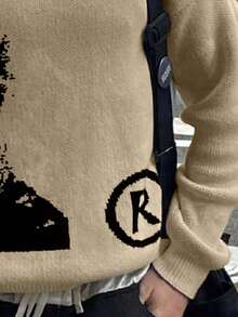 ANDREILEE 男士人像字母嵌花针织毛衣，休闲宽松圆领长袖套头衫，百搭保暖，适合春、秋、冬三季穿着。 - 卡其色 - 查看 5