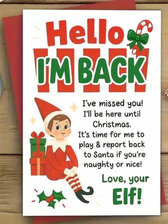 1pc Hello I'm Back Christmas Elf Greeting Card - Cute Elf On Right Shoulder & Naughty/Nice List Design, Personalizable Name Space For Holiday Cheer, Birthday, Wedding, Thank You Cards - Festive Paper Card With Elf's Message