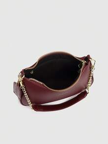 1 件简约纯色新月形手提包、时尚法棍包、多功能单肩包/腋下包、Y2K 宝贝包，配有蝴蝶结装饰吊坠 - 酒紅色 - 查看 5