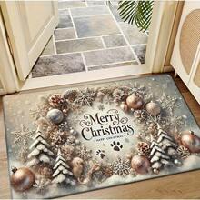 1pc Merry Christmas Flannel 2D Pattern Printing Doormat, Washable, Non-Slip Rectangular Mat With Cedar Tree And Ornament Design, Suitable For Entryway, Kitchen, Living Room, Bedroom, Bathroom - Holiday Home Decor, Christmas Decoration. Actual Item Is Smaller Than Picture. May Be Certain Color Difference.